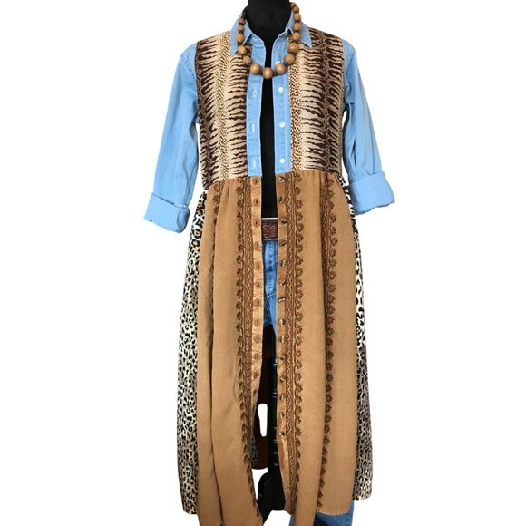 Patchwork Duster Jacket Dress, M: Upcycled Animal Print Button-Down Boho Kaftan - Picture 1 of 13